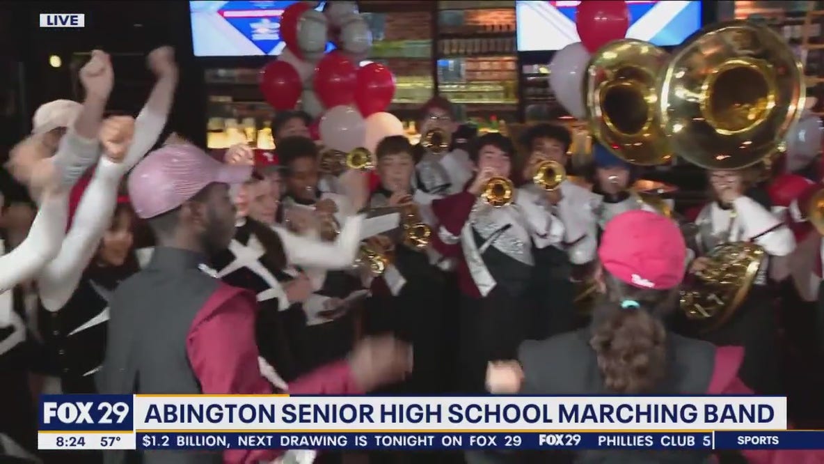 Abington Senior High School Marching Band gets the Phillies pep rally started over at Chickie's & Pete's